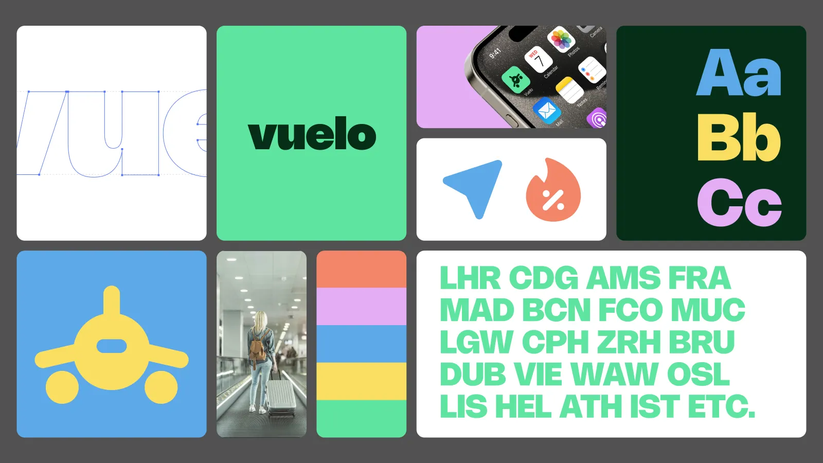 Brand identity grid of logo, colour and type applications