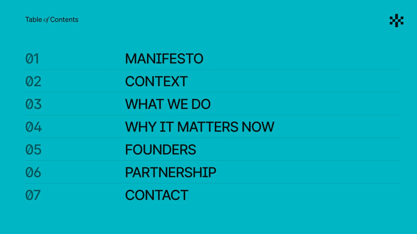 Teal table of contents with seven numbered sections