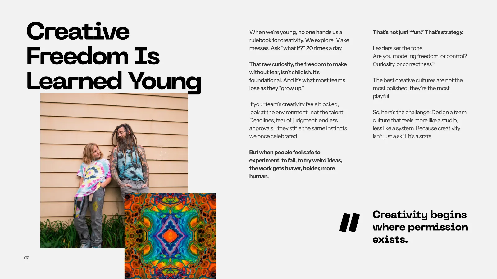 Editorial spread reading Creative Freedom Is Learned Young