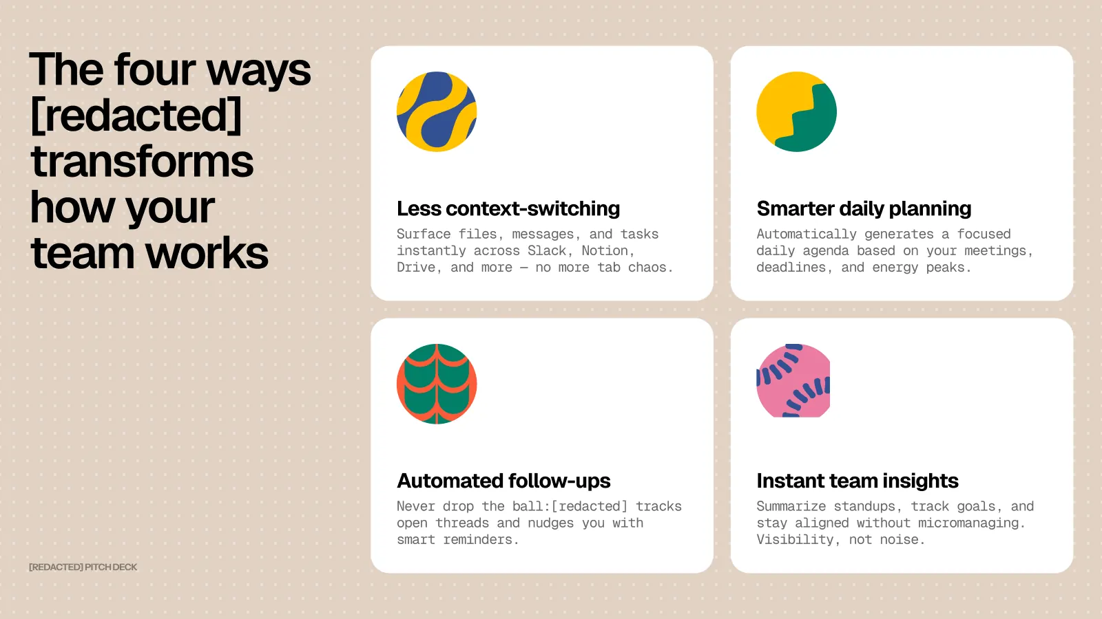 Product benefits slide with four illustrated feature cards