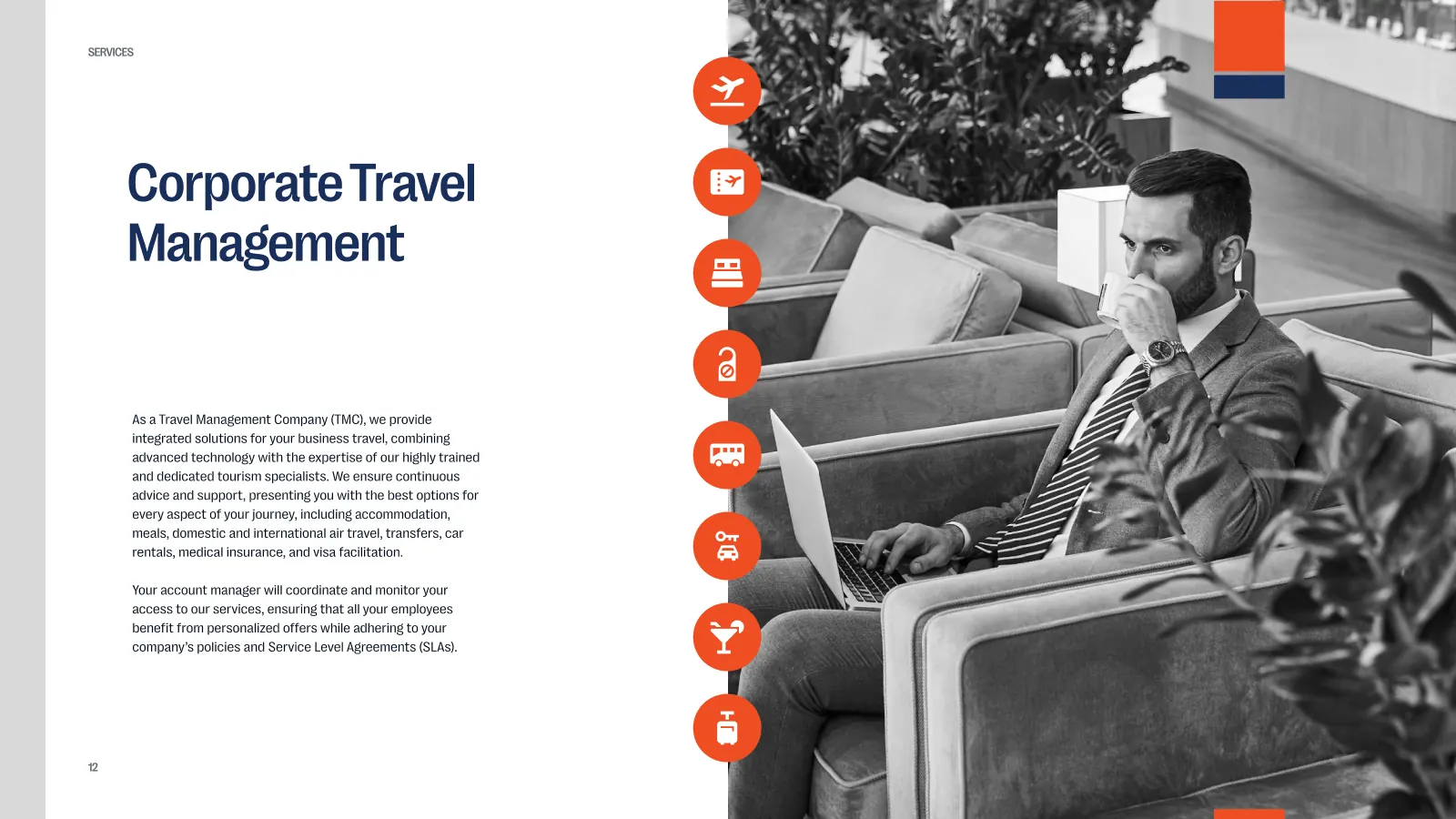 Corporate travel overview slide with icon list and photograph