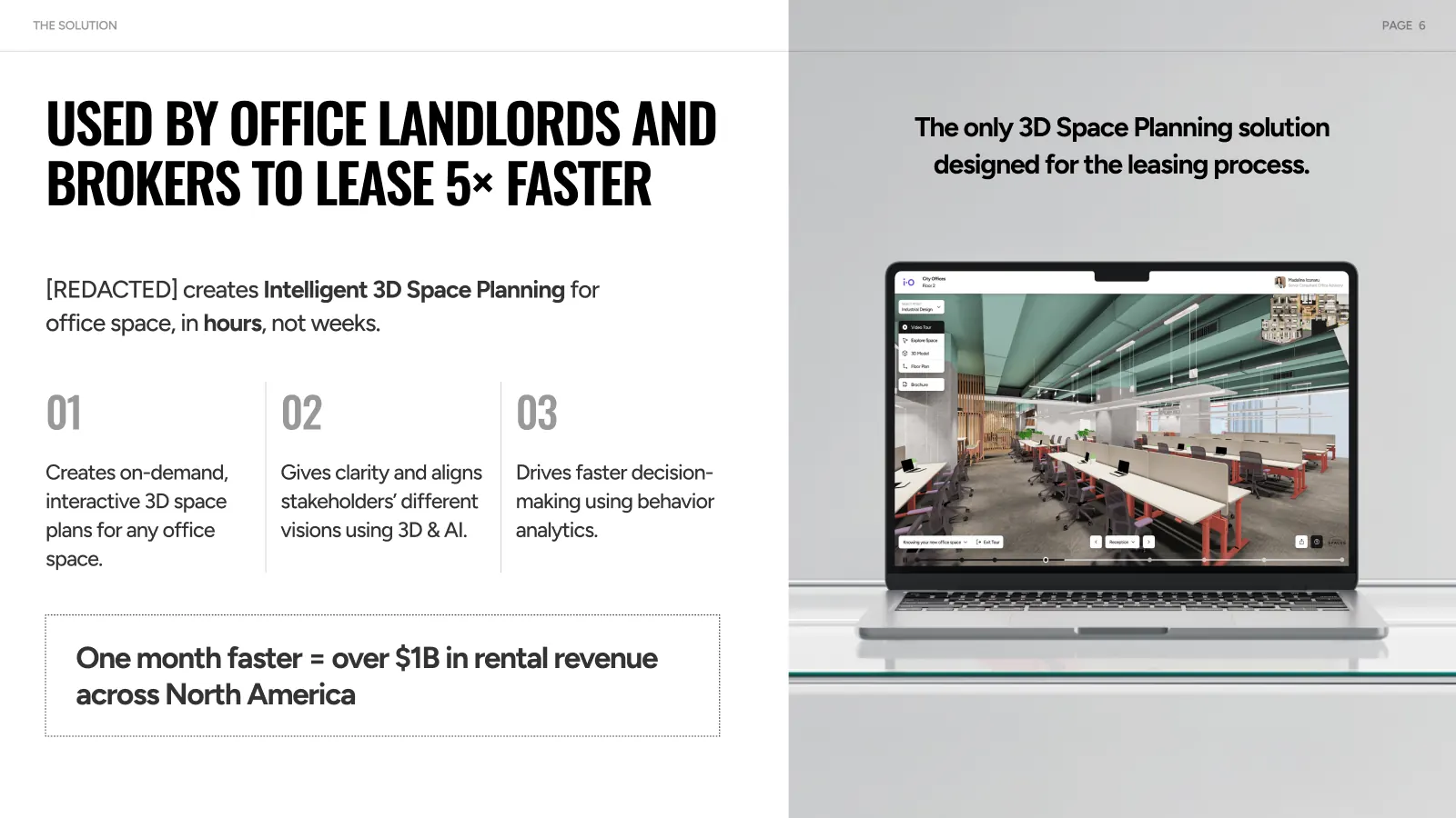 Leasing case slide with three numbered outcomes and a laptop render