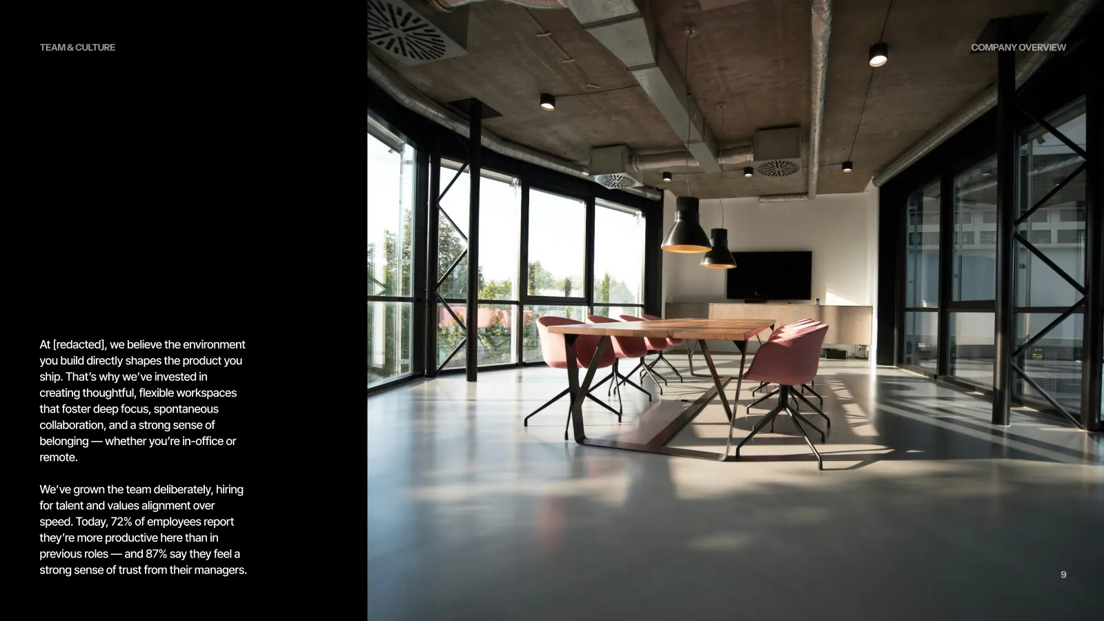 Studio culture slide over a wide photograph of an empty office