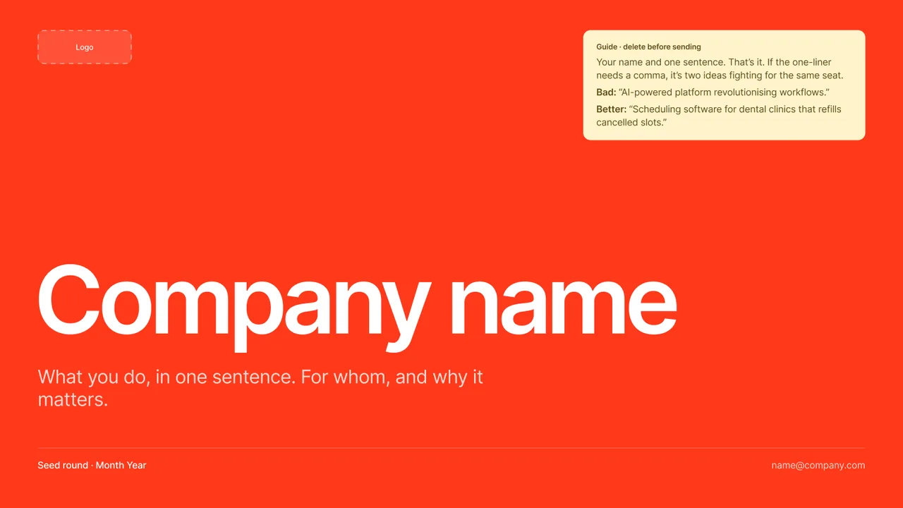 Cover slide of the free pitch deck template: a red full-bleed cover with the company name set large