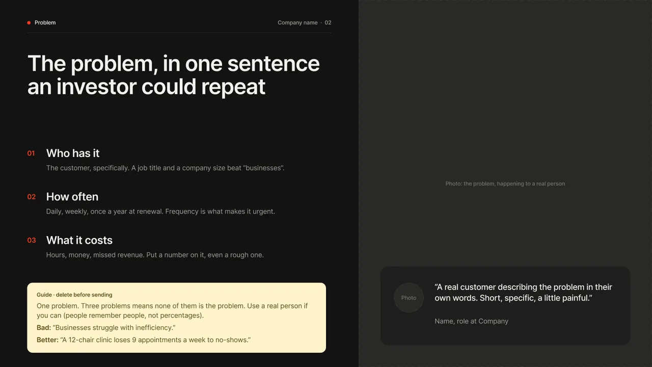 Problem slide in the dark version: three numbered points beside a photo placeholder and a customer quote